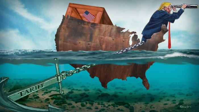 Ilustración de James Ferguson de Trump de pie en un barco de carga oxidado que se hunde, anclado por una cadena de aranceles, mirando a la distancia con un telescopio